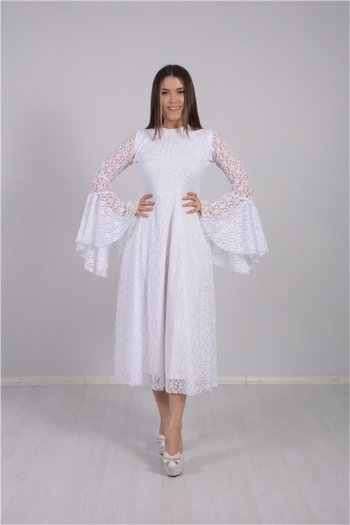 Full Dantel Kol Volanlı Elbise - Beyaz