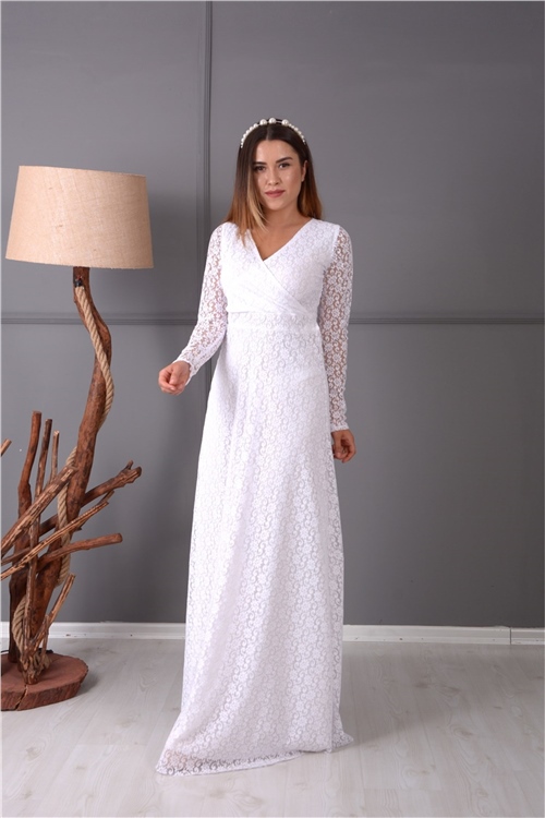 Full Dantel Tasarım Abiye Elbise - Beyaz