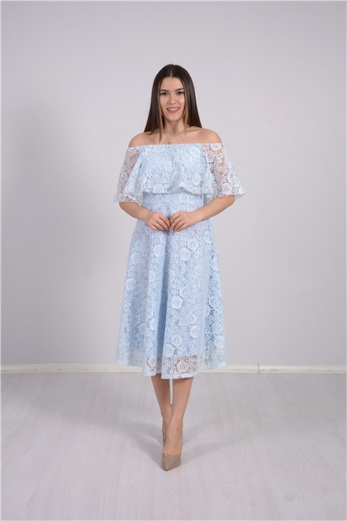 Full Dantel Volanlı Elbise - Buz Mavi