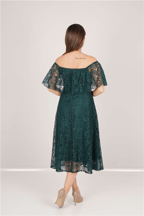 Full Dantel Volanlı Elbise - Zümrüt Yeşil