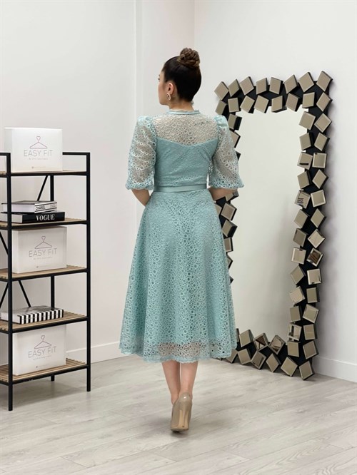 Full Güpür Düğme Detaylı Midi Elbise-SU YEŞİLİ