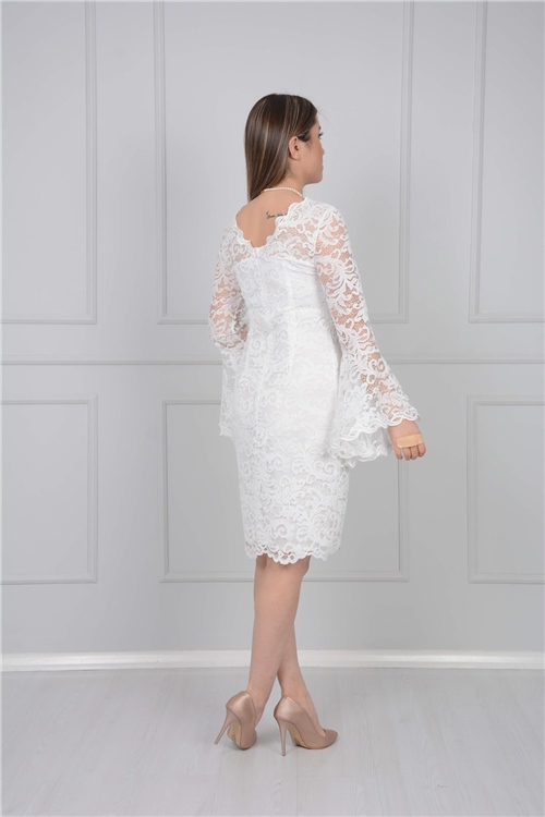 Full Güpür Kolu Volanlı Elbise - Beyaz