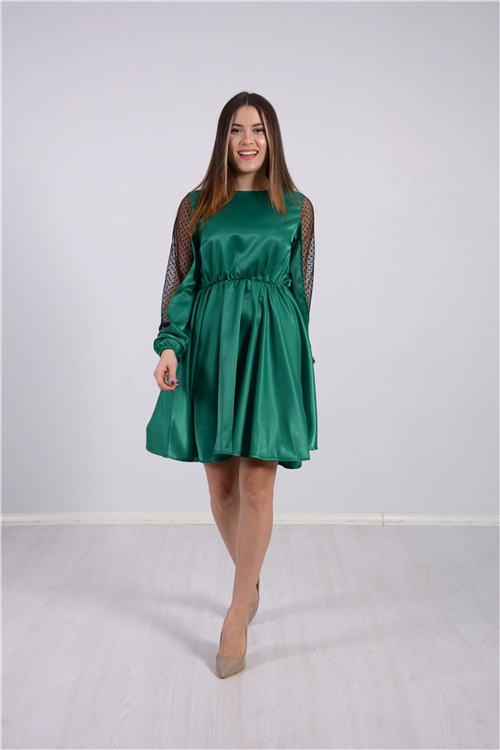 İthal Saten Kol Detaylı Elbise - Zümrüt Yeşil