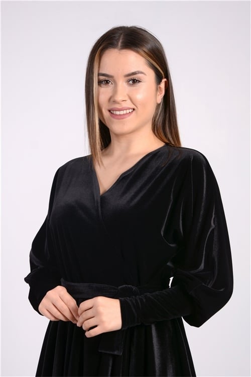 Kadife Kat Kat Tasarım Elbise - Siyah