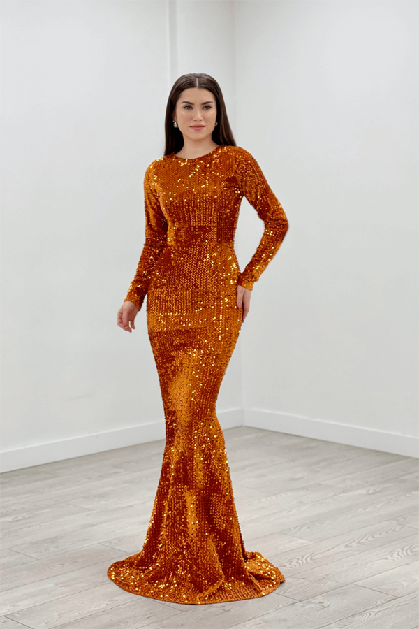 Kadife Payet Balık Elbise - HARDAL