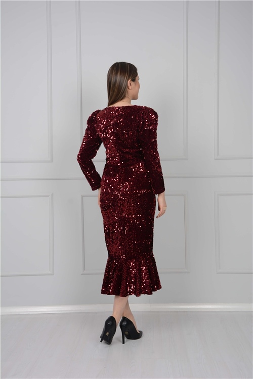 Kadife Payet Tasarım Elbise - Bordo