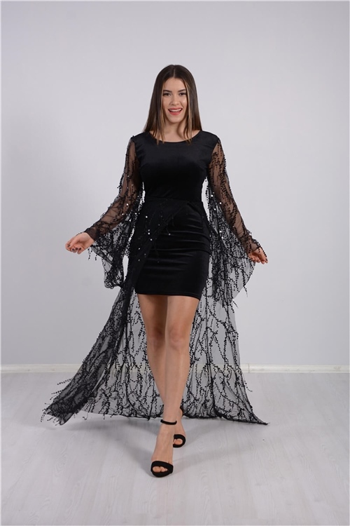 Kadife Pul Saçaklı Tasarım Elbise - Siyah
