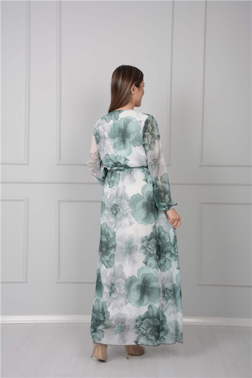 Kruvaze Yaka Gül Desen Elbise - Su Yeşili