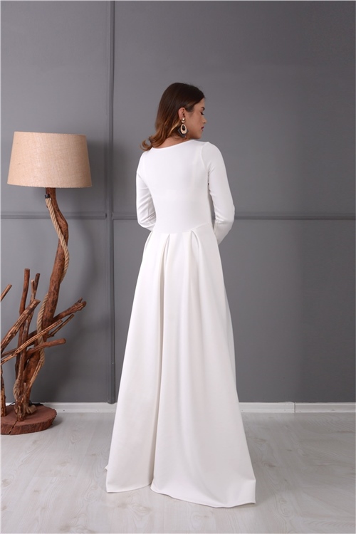 Pileli Elbise - Beyaz