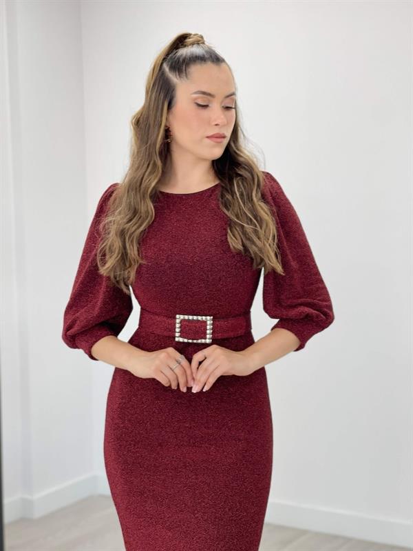 Pırıltılı Kumaş Kolları Balon Detaylı Kalem Elbise - BORDO