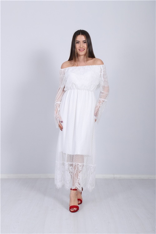 Puantiye Tül Dantel Tasarım Elbise - Beyaz | Giyim Masalı