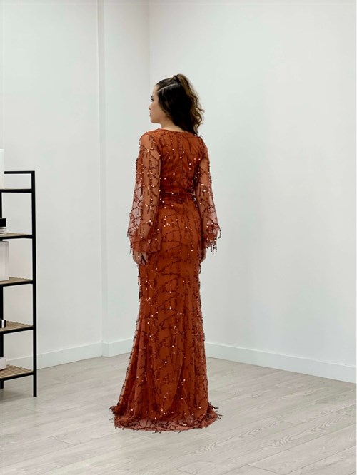 Pul Saçaklı Tasarım Elbise - KİREMİT