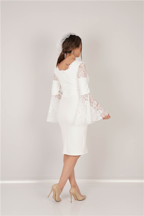 Scuba Kumaş Dantel Detaylı Elbise - Beyaz