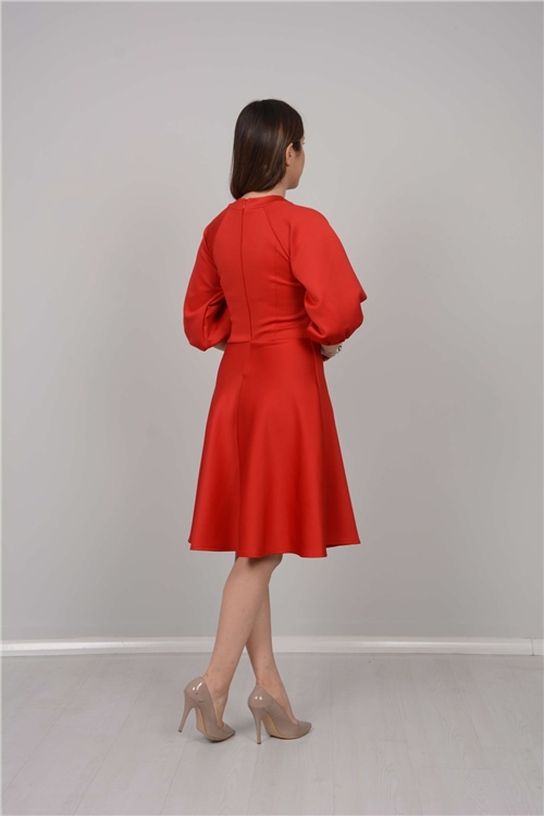 Scuba Kumaş Kemer Detaylı Elbise - Kırmızı