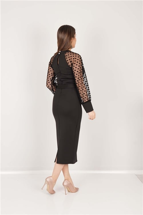 Scuba Kumaş Puantiye Detaylı Kalem Elbise - Siyah