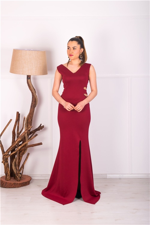 Waist Decollected Evening Dress - Burgundy | Giyim Masalı