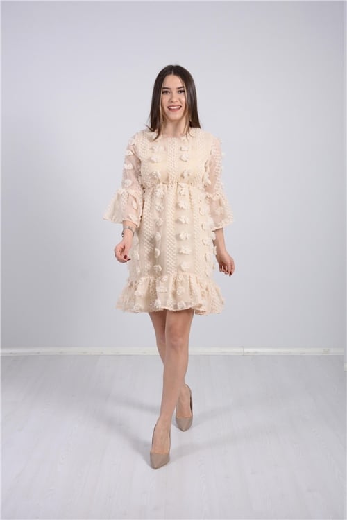Çiçekli Mini Fırfırlı  Elbise - Bej