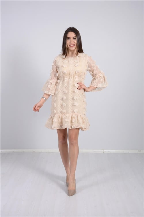 Çiçekli Mini Fırfırlı  Elbise - Bej