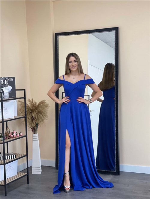 Crep Kumaş Askılı Prenses Elbise - Saks Mavisi