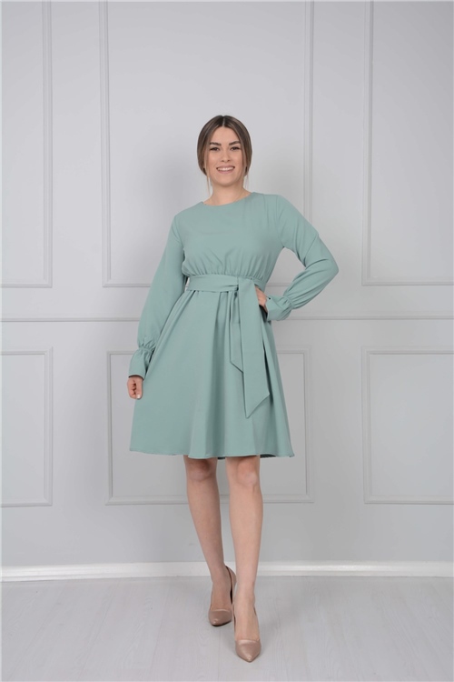 Crep Kumaş Bel Lastik Elbise - Mint Yeşili