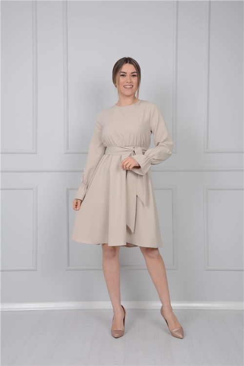 Crep Kumaş Bel Lastik Elbise - Vizon