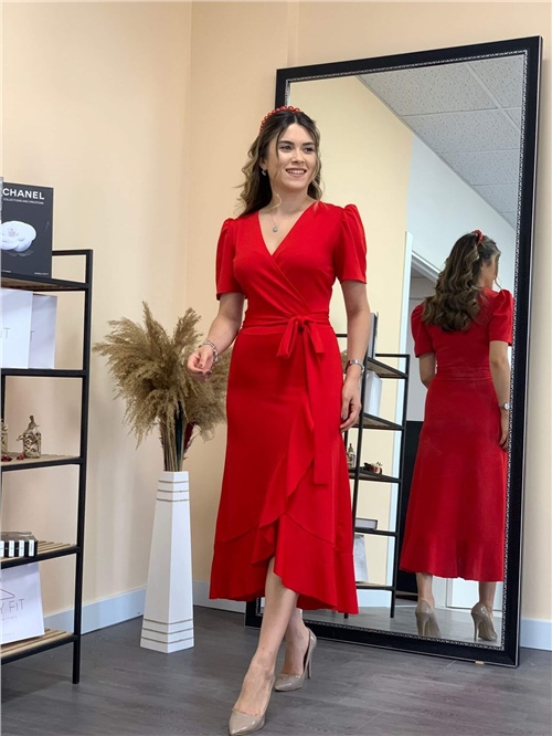 Crep Kumaş Midi Elbise  - Kırmızı