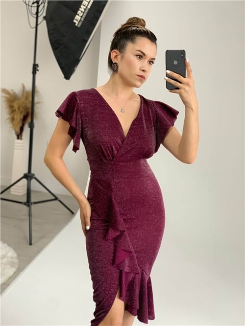 Crep Kumaş Volanlı Elbise - Patlıcan Mor
