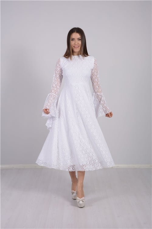 Full Dantel Kol Volanlı Elbise - Beyaz