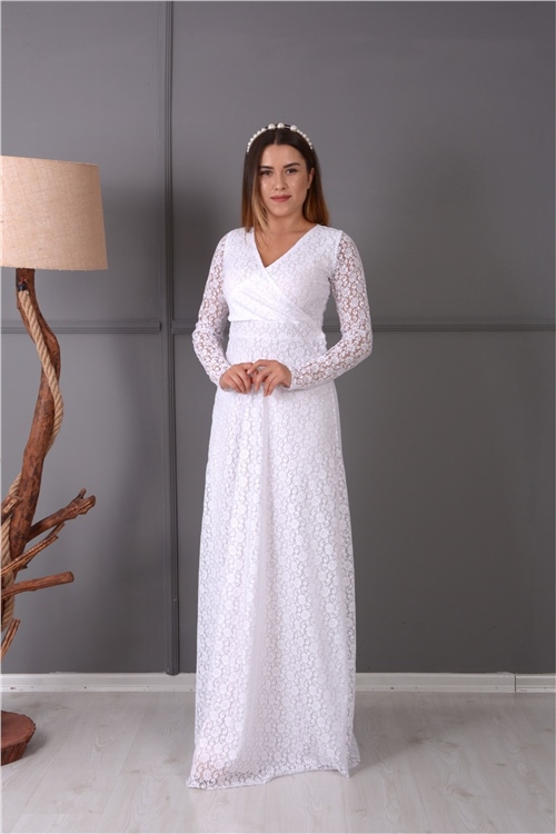 Full Dantel Tasarım Abiye Elbise - Beyaz
