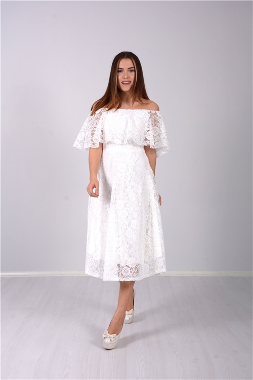 Full Dantel Volanlı Elbise - Beyaz