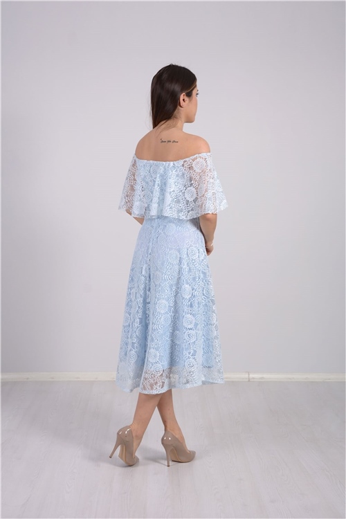 Full Dantel Volanlı Elbise - Buz Mavi