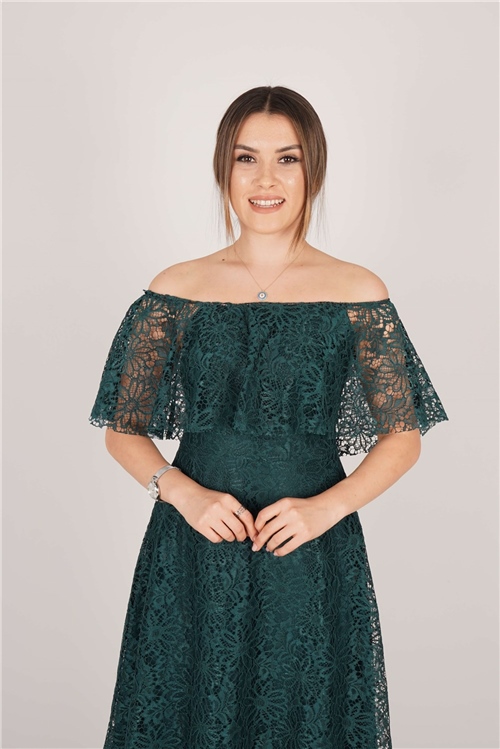 Full Dantel Volanlı Elbise - Zümrüt Yeşil