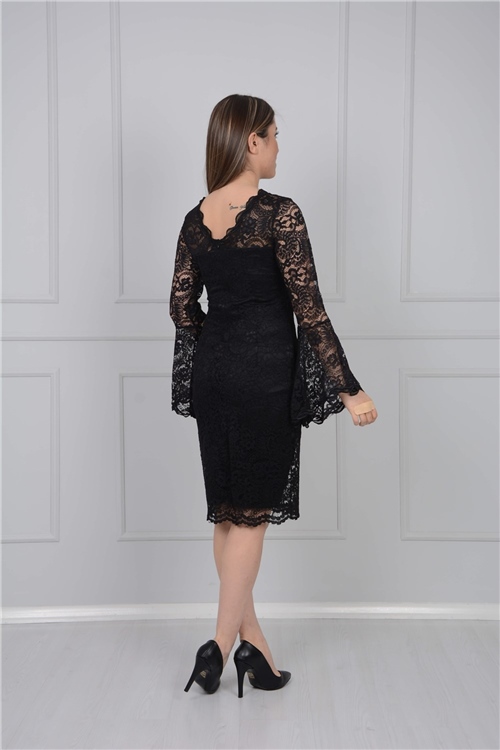 Full Güpür Kolu Volanlı Elbise - Siyah