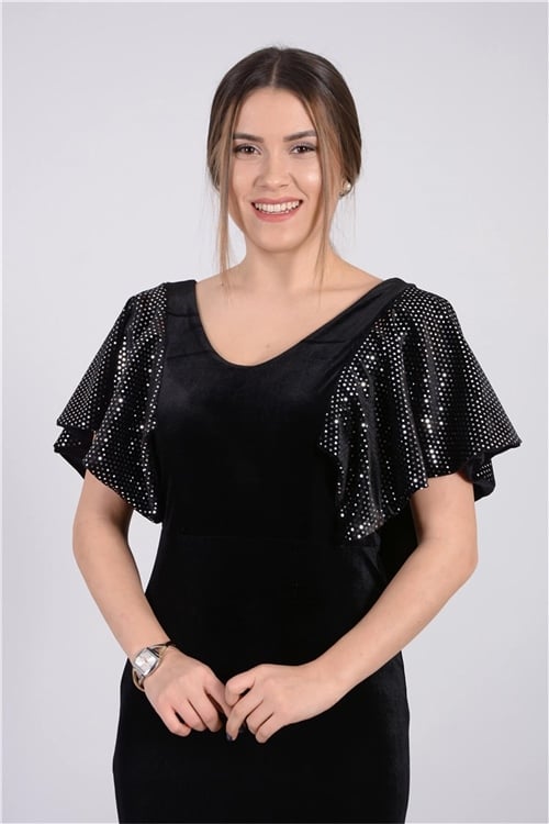 Kadife Omuz Detaylı Balık Elbise - Siyah