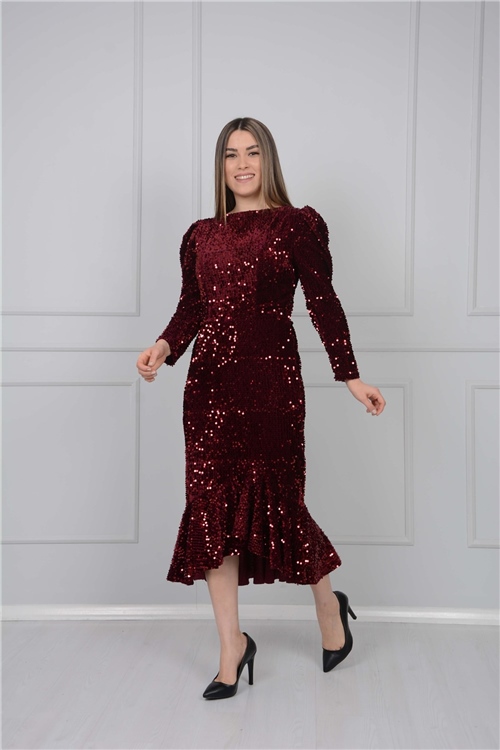 Kadife Payet Tasarım Elbise - Bordo