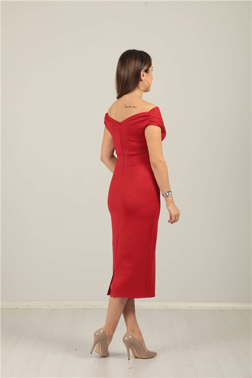 Kayık Yaka Kalem Elbise - Kırmızı