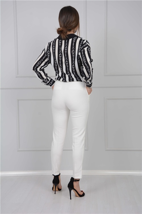 Klasik Cepli Düz Pantolon - Beyaz