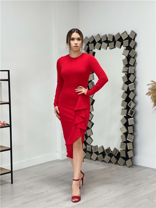 Krep Kumaş Volan Detaylı Kalem Elbise - Kırmızı