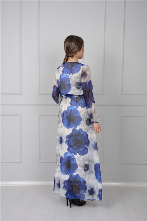 Kruvaze Yaka Gül Desen Elbise - Mavi