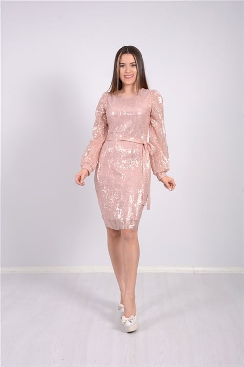 Pliseli Payet Tasarım Elbise  - Pudra