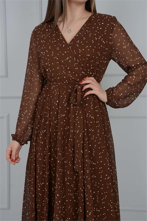Puantiye Detaylı Şifon Elbise - Kahverengi