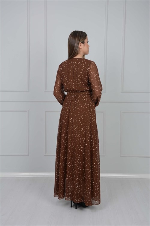 Puantiye Detaylı Şifon Elbise - Kahverengi