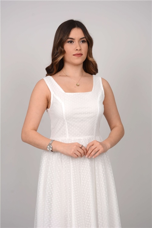 Puantiye Tül Asimetrik Kesim Elbise - Beyaz