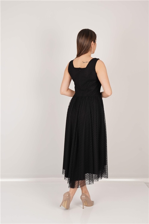 Puantiye Tül Asimetrik Kesim Elbise - Siyah