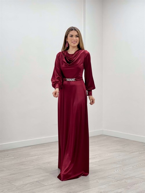Saten Kumaş Degaje Yaka Abiye Elbise - BORDO