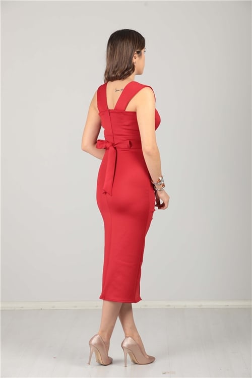 Scuba Kumaş Büzgü ve Yırtmaç detaylı Kalem Elbise - Kırmızı