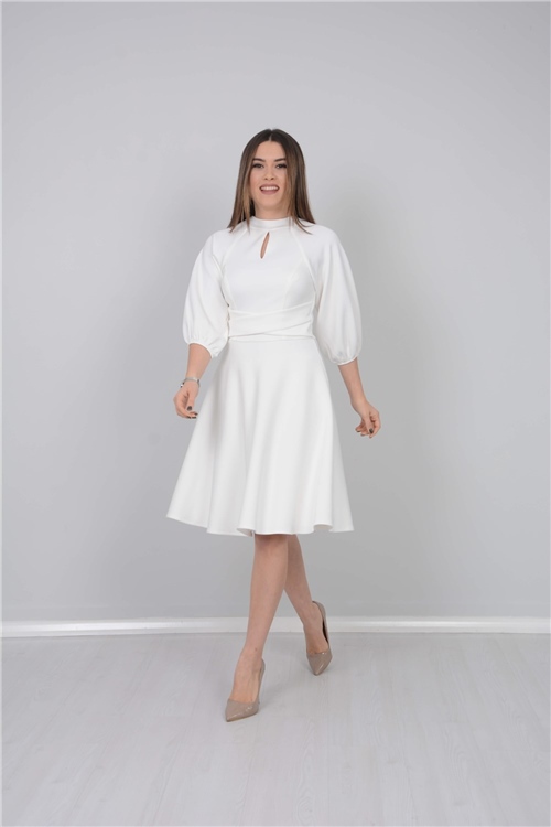 Scuba Kumaş Kemer Detaylı Elbise - Beyaz