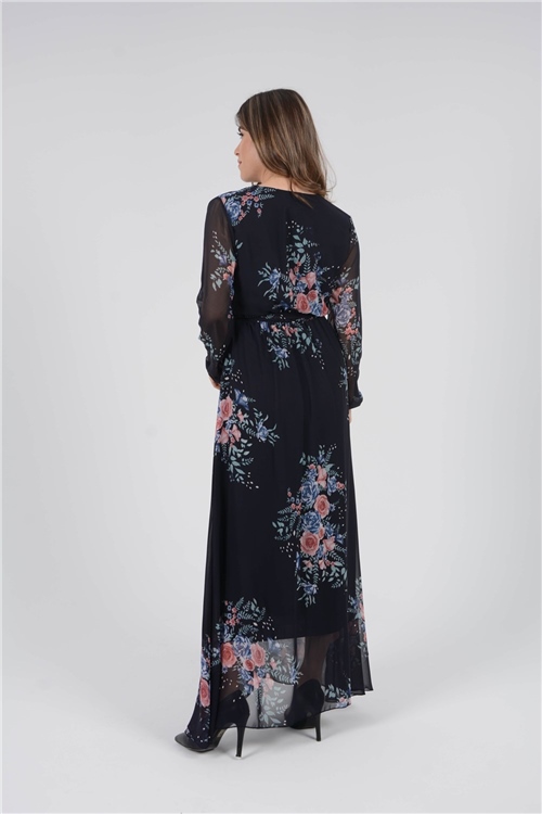 Şifon Çiçek Desenli Elbise - Lacivert
