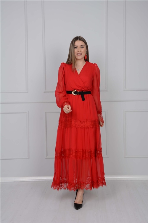 Şifon Kumaş Dantel Detaylı Elbise - Kırmızı