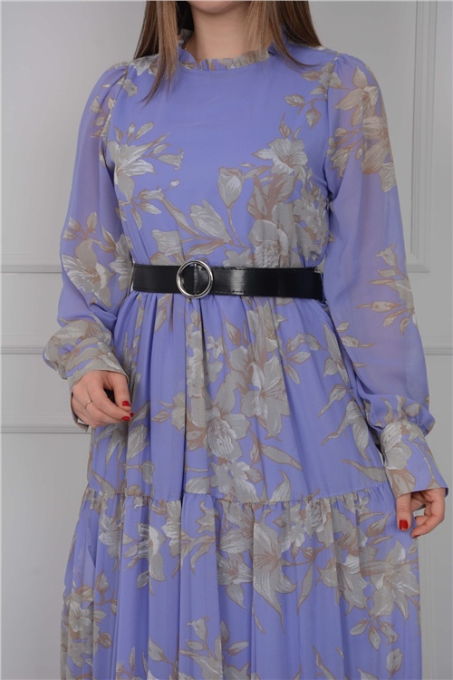 Şifon Kumaş Fırfırlı Elbise - Lila
